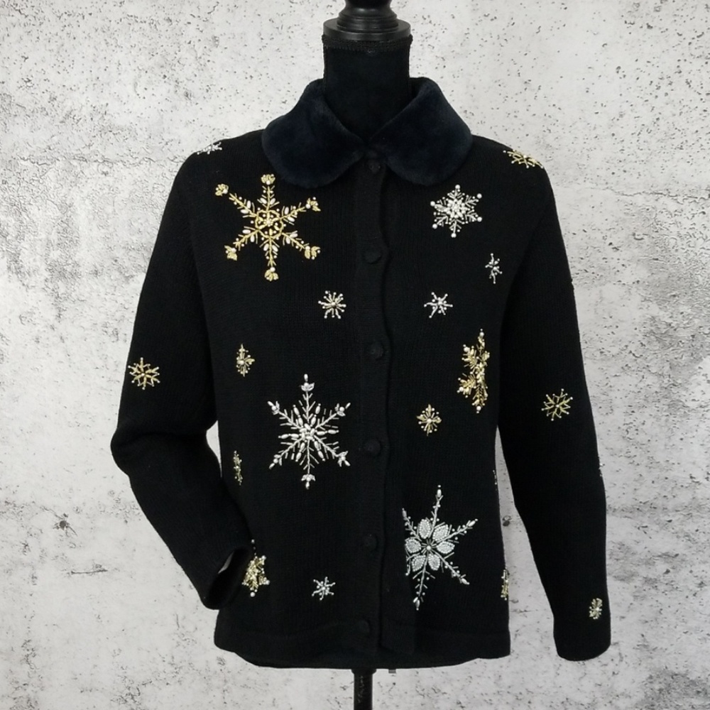 WINTER SNOWFLAKE Beaded  Cardigan Blk S